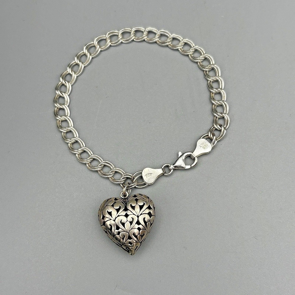 Vintage Sterling Silver Charm Bracelet Puffy Pierced Heart Charm 925 7" 12.31g